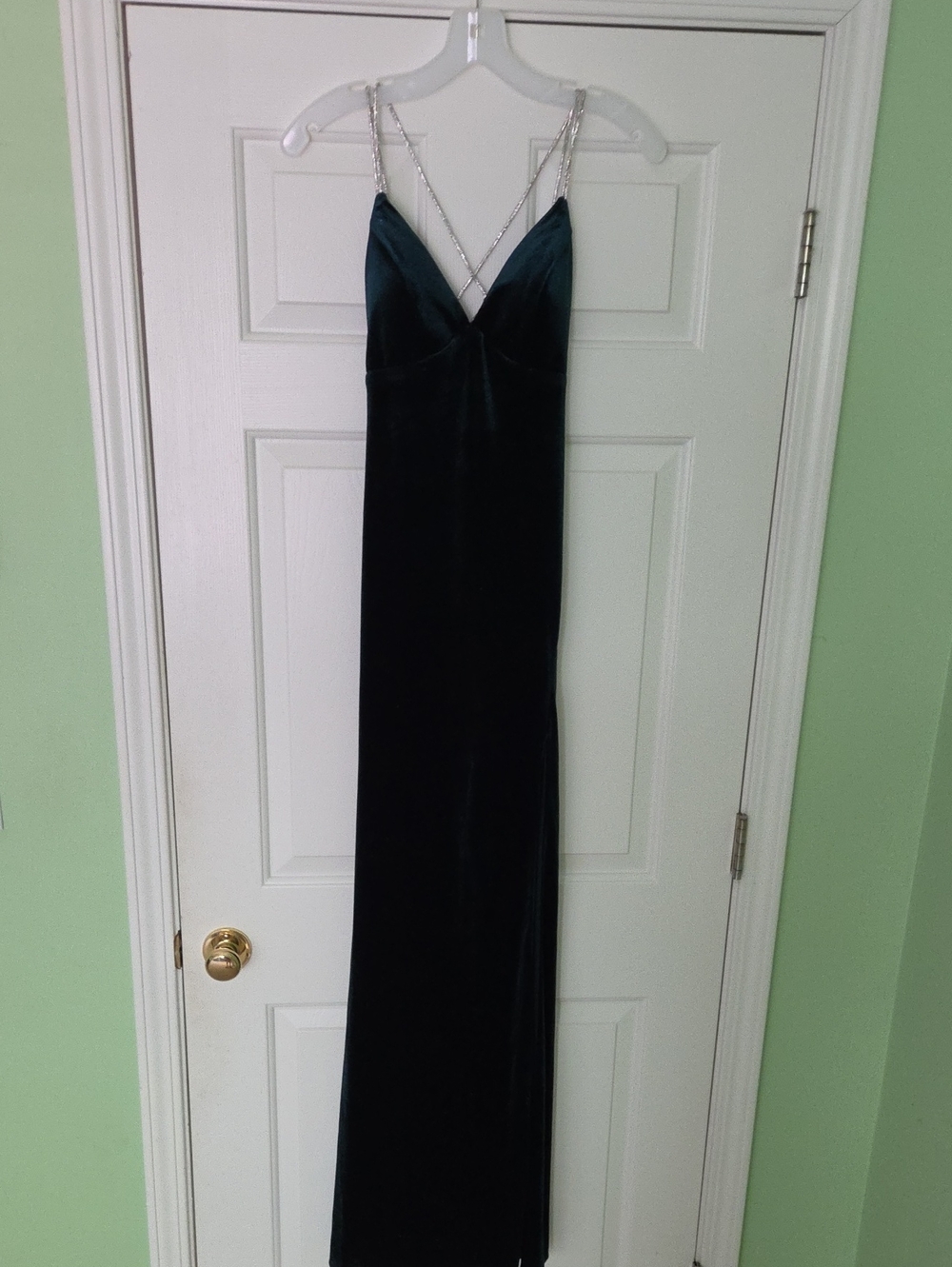 Crystal Doll Dark Emerald Velvet Maxi Dress with Crystal Straps